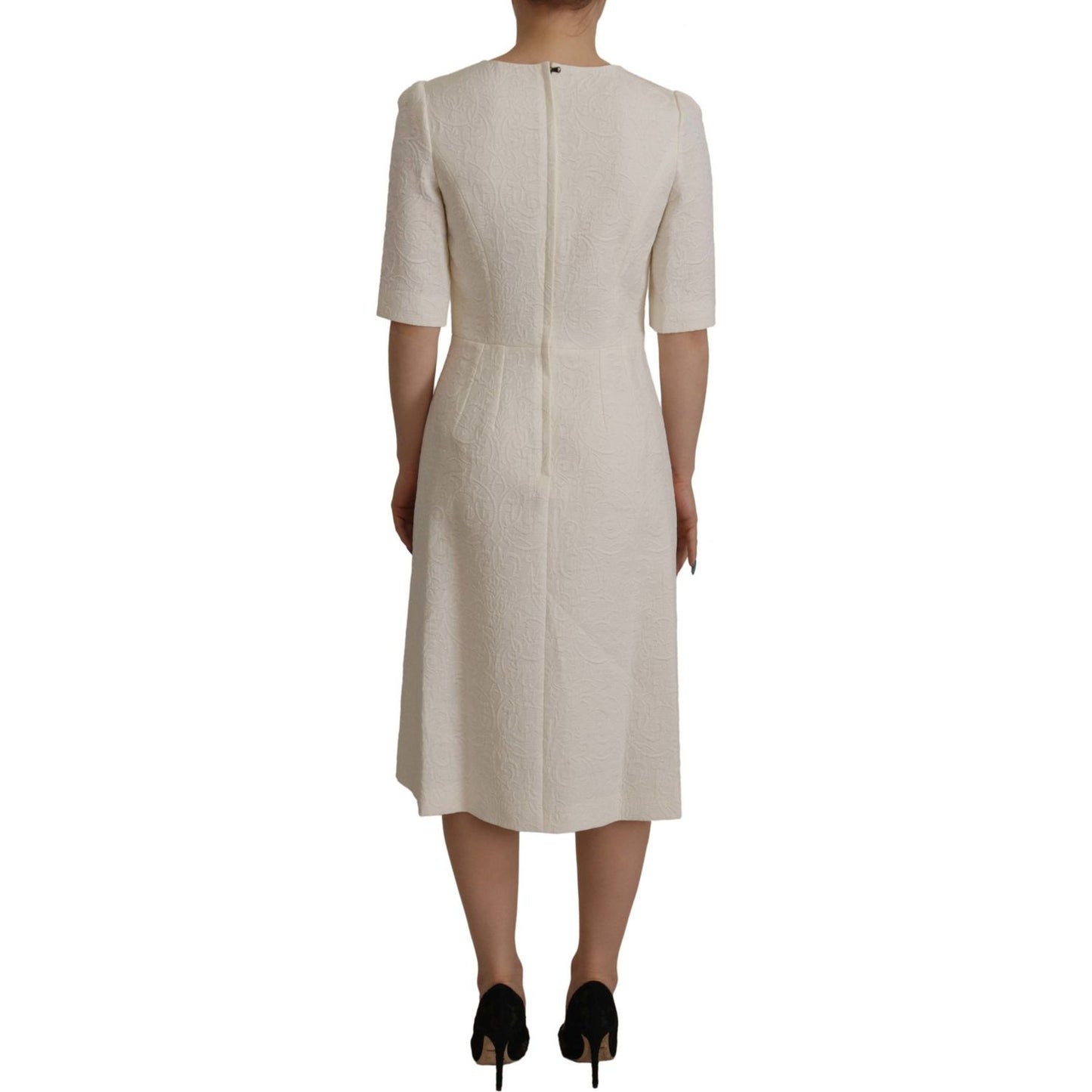 Dolce & Gabbana White Jaquard Midi Floral Sheath Brocade Dress