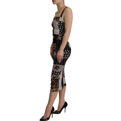 Dolce & Gabbana Multicolor Pachwork Midi Floral Silk Leopard Bodycon Dress
