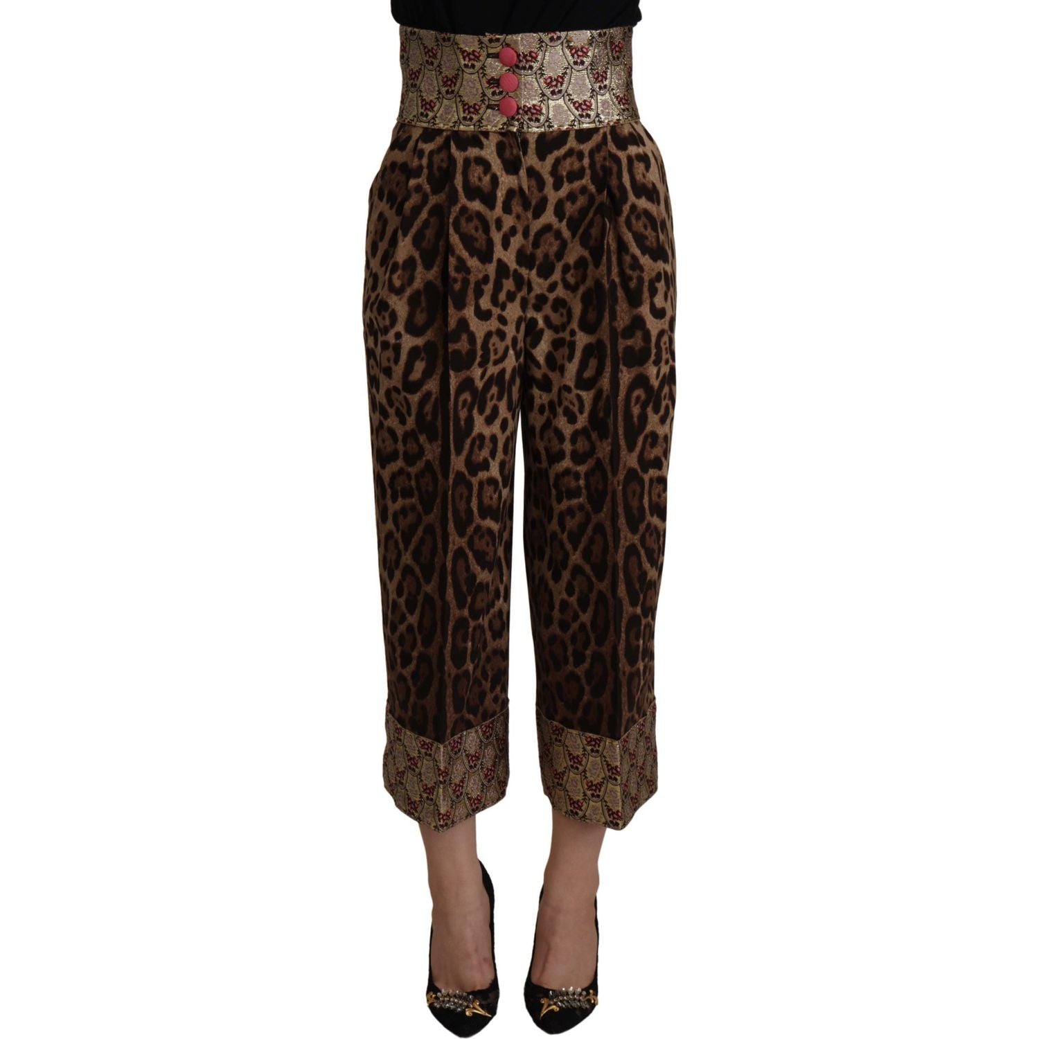 Dolce & Gabbana Brown Leopard Gold Jacquard High Waist Pants