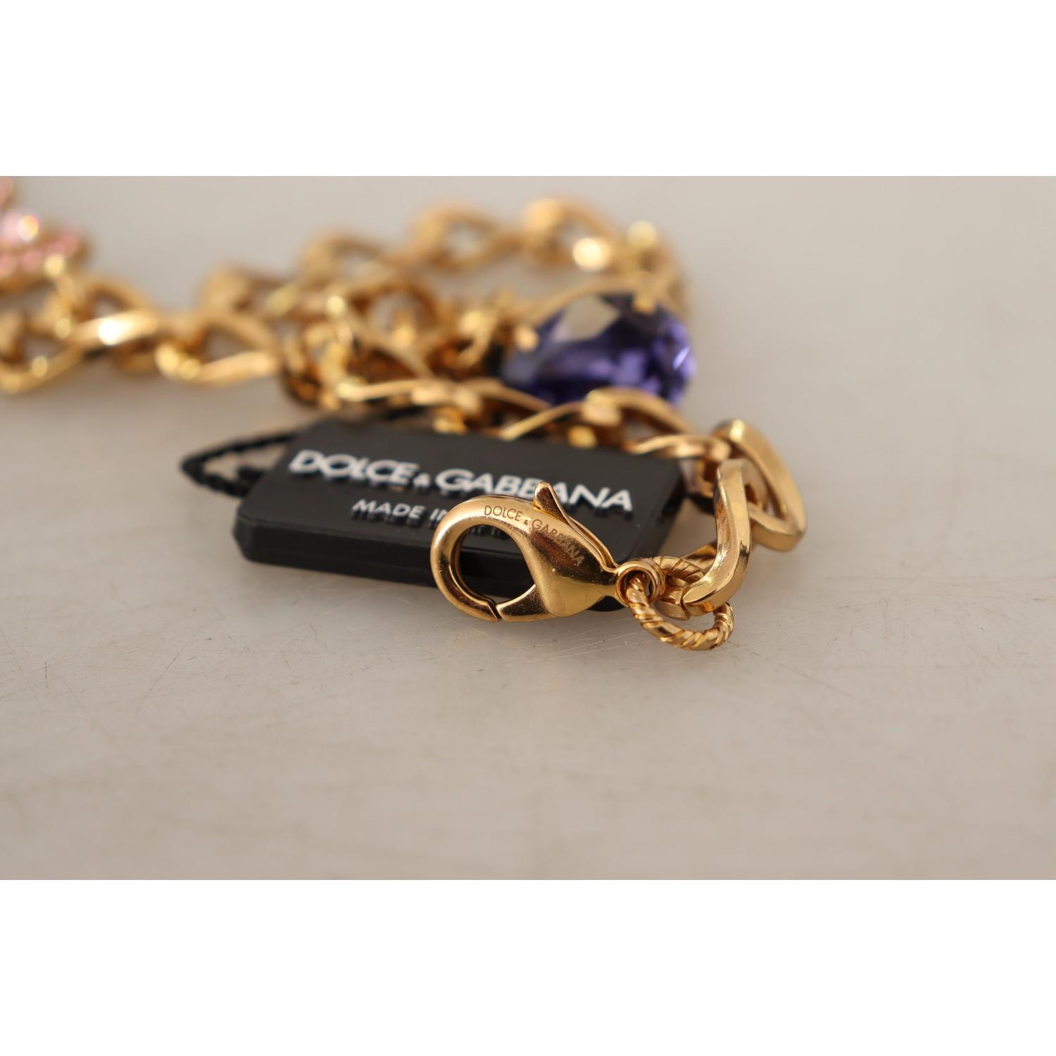 Dolce & Gabbana Gold Brass Crystal Purple Pink Pearl Pendants Necklace