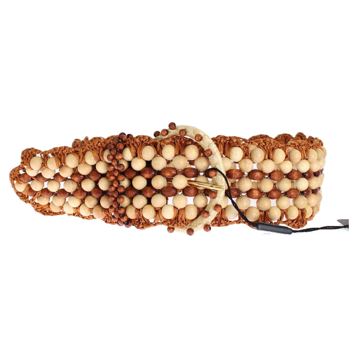 Dolce & Gabbana Brown Raffia Wood Beaded Wide Waist Belt