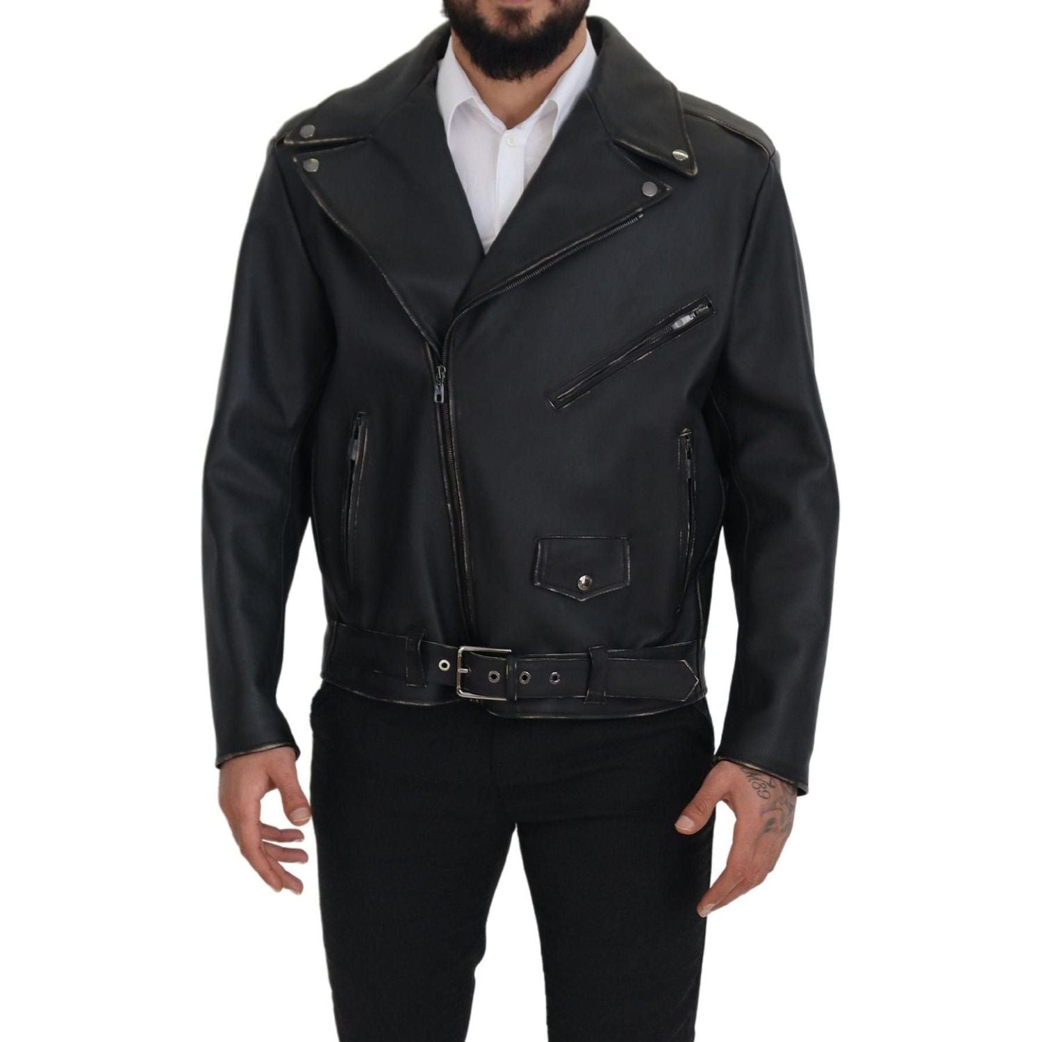 Dolce & Gabbana Black Leather Biker Coat Zipper Jacket