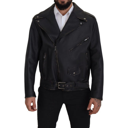 Dolce & Gabbana Black Leather Biker Coat Zipper Jacket