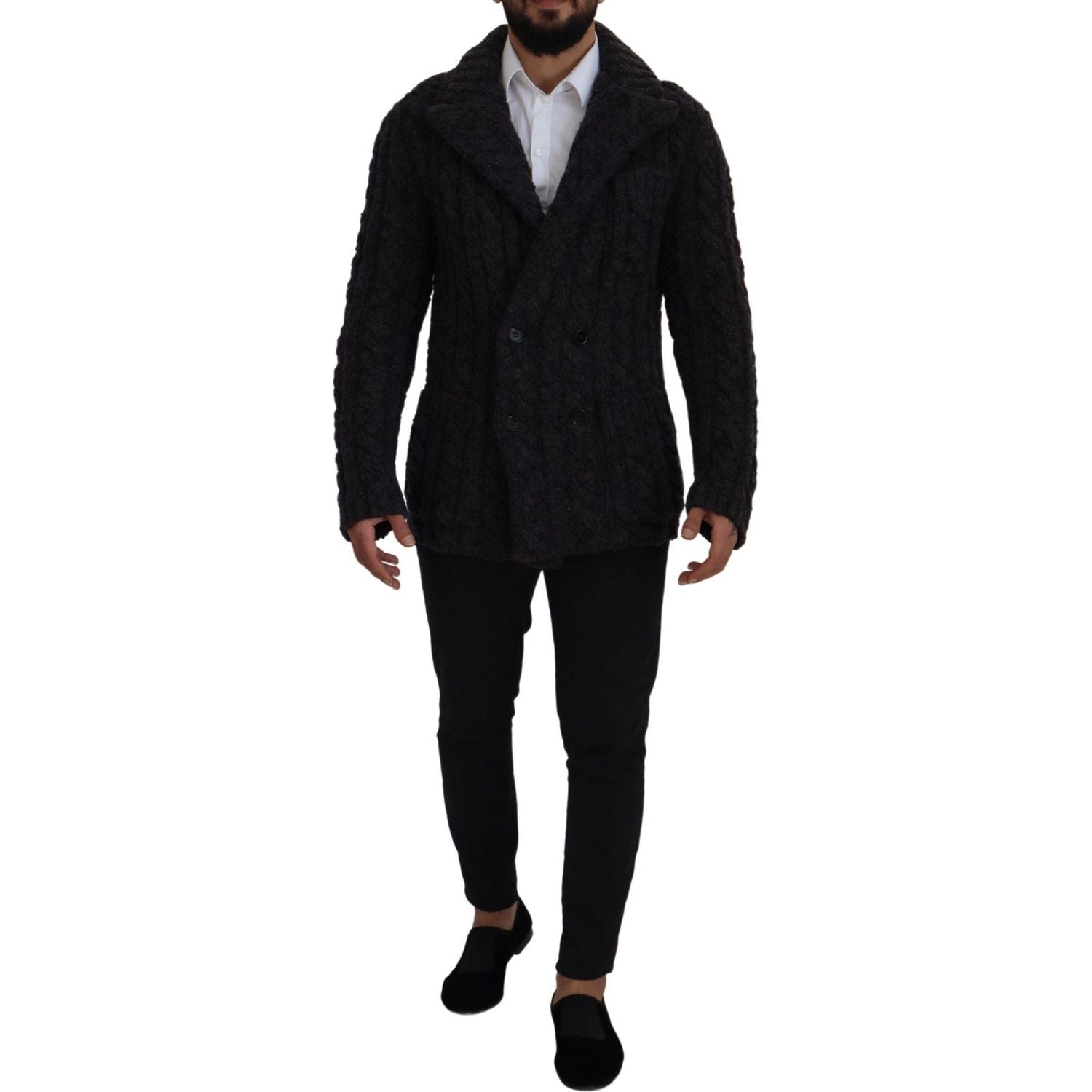 Dolce & Gabbana Black Wool Knit Double Breasted Coat Jacket