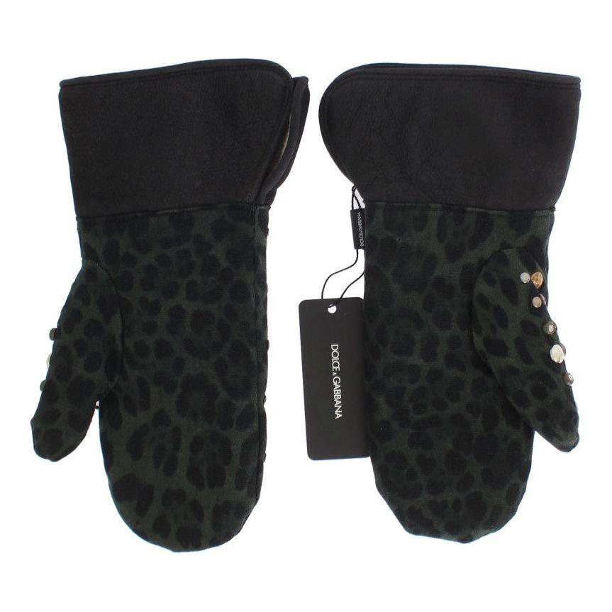 Dolce & Gabbana Gray Wool Shearling Studded Green Leopard Gloves