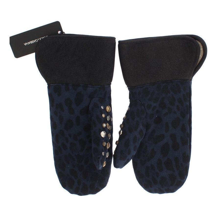 Dolce & Gabbana Gray Wool Shearling Studded Blue Leopard Gloves