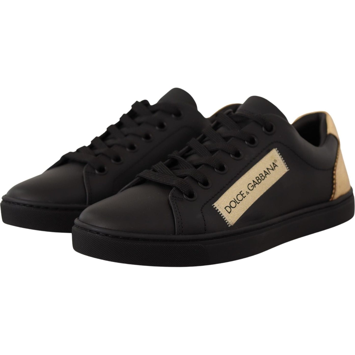 Dolce & Gabbana Black Gold Leather Low Top Sneakers Womens Shoes Dolce & Gabbana