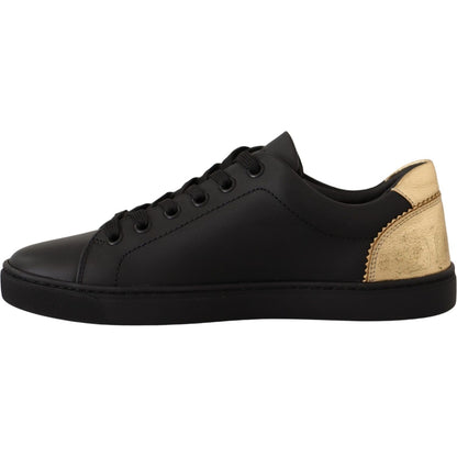 Dolce & Gabbana Black Gold Leather Low Top Sneakers Womens Shoes Dolce & Gabbana