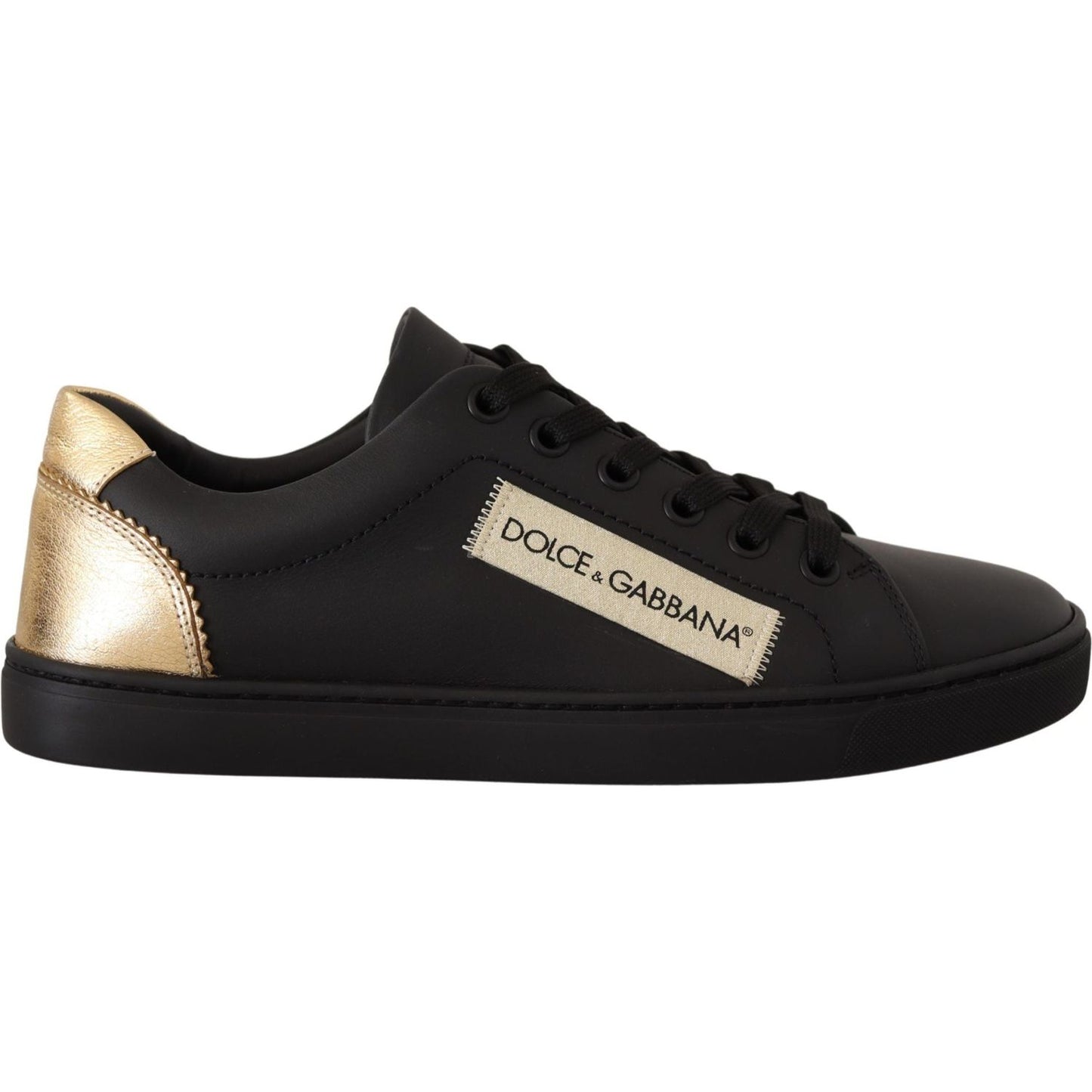 Dolce & Gabbana Black Gold Leather Low Top Sneakers Womens Shoes Dolce & Gabbana