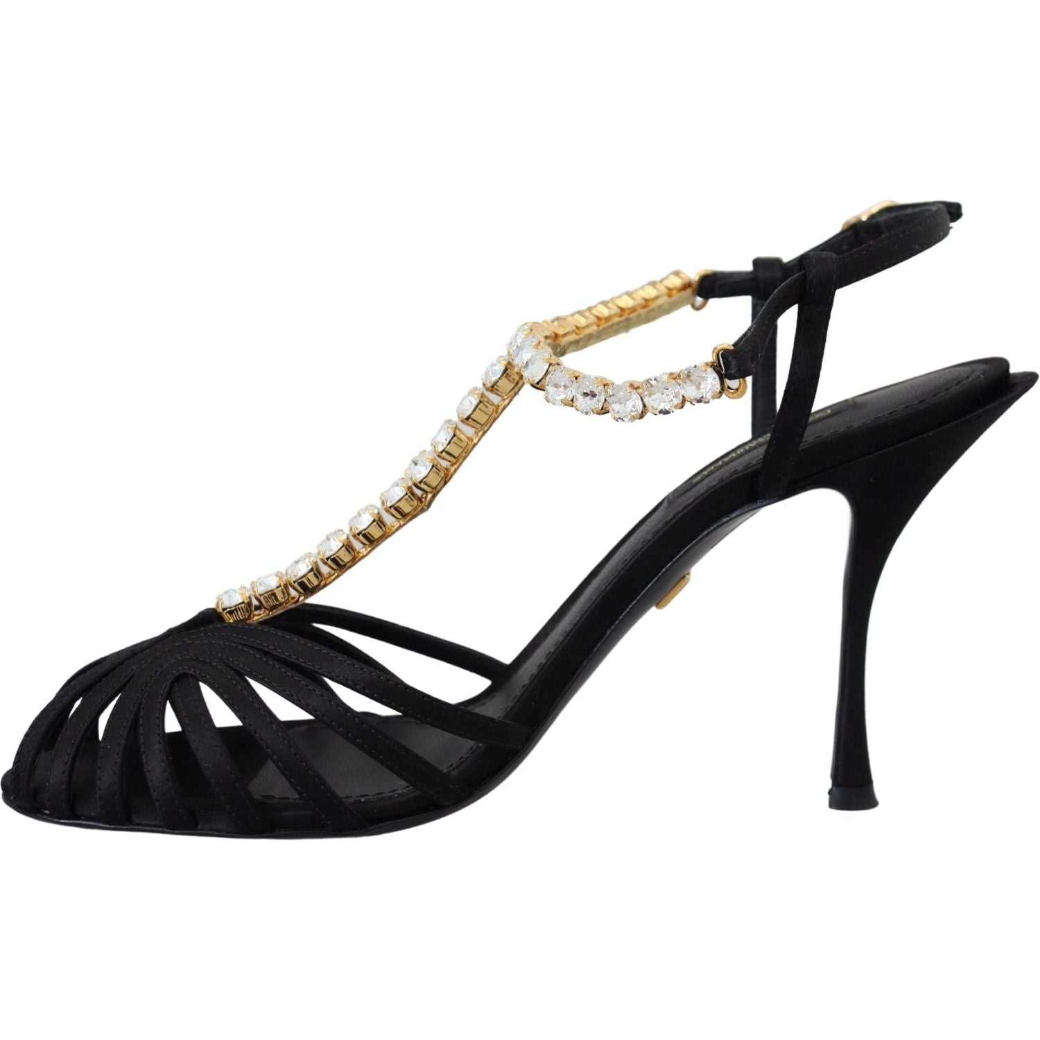 Dolce & Gabbana Black Satin Clear Crystal T-strap Sandal Shoes