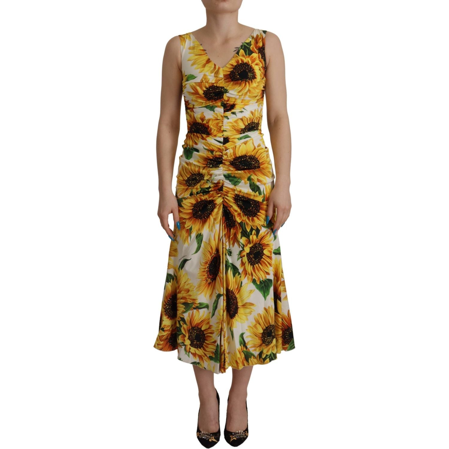 Dolce & Gabbana White Sunflower Print Sheath Midi Silk