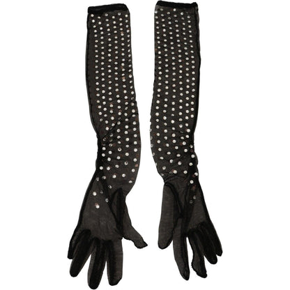 Dolce & Gabbana Black Crystal Elbow Length Cotton Tulle Gloves