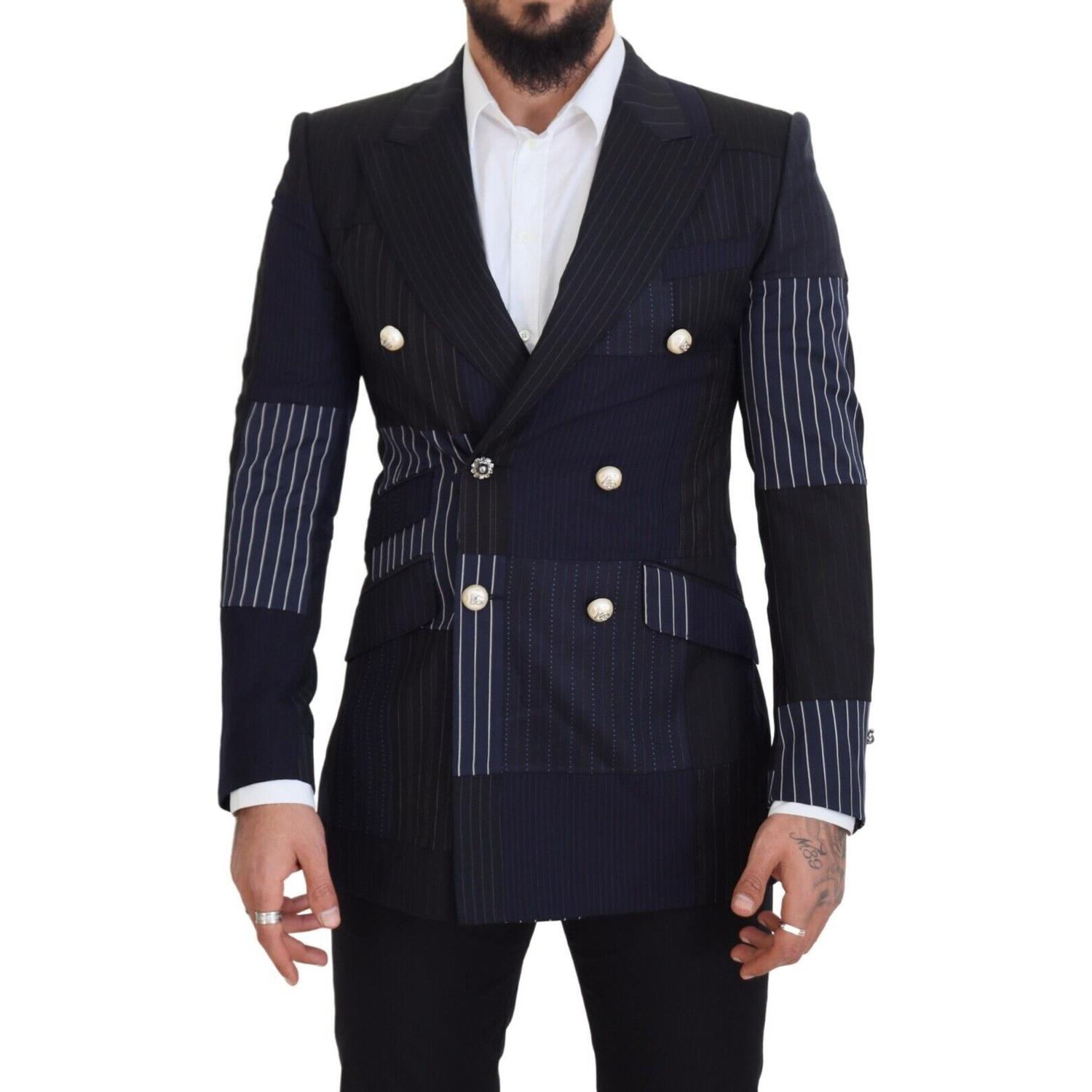 Dolce & Gabbana Blue Wool Patchwork Double Breasted Blazer