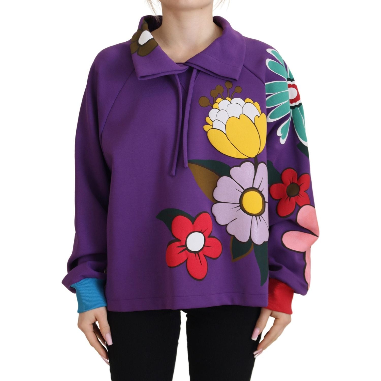 Dolce & Gabbana Purple Floral Print Pullover  Cotton Sweater