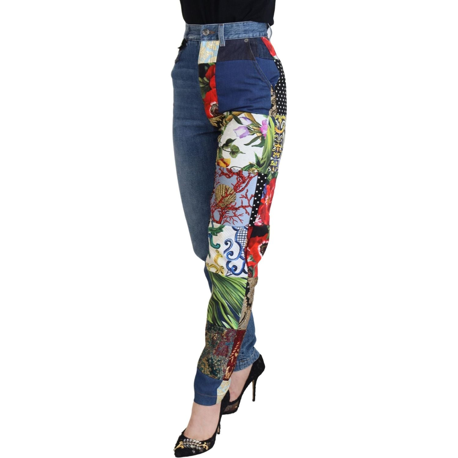 Dolce & Gabbana Blue Jacquard Majolica High Waist Jeans