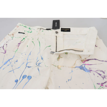 Dolce & Gabbana White Cotton Color Splash Print Denim Pants