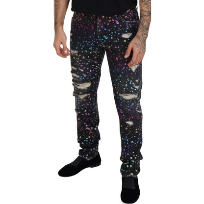 Dolce & Gabbana Black Multicolor Print Tattered Denim Jeans