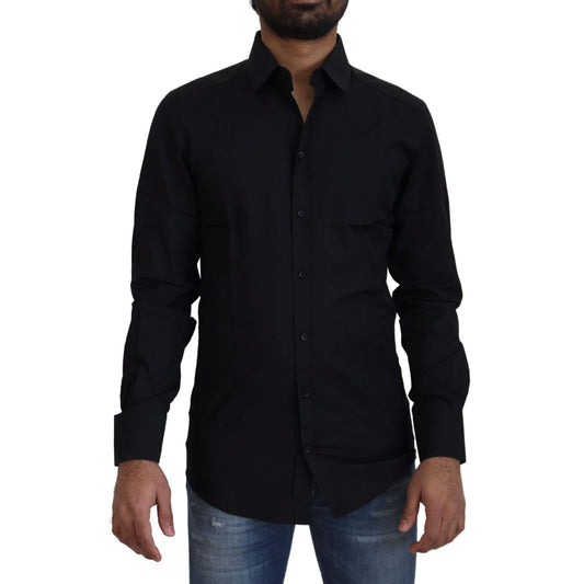 Dolce & Gabbana Black Cotton Slim Fit Formal Dress GOLD Shirt