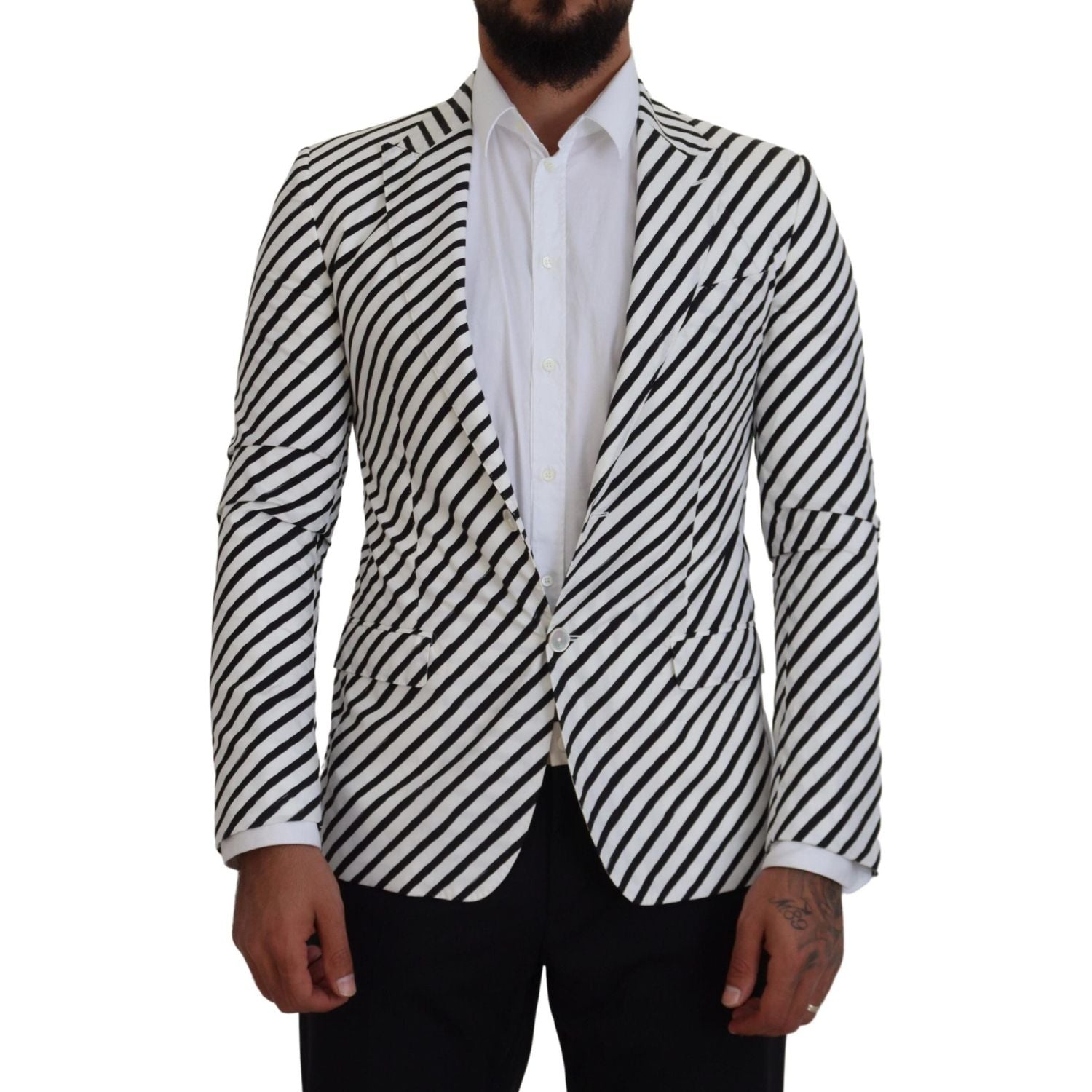 Dolce & Gabbana White Black Striped Slim Fit Jacket Blazer