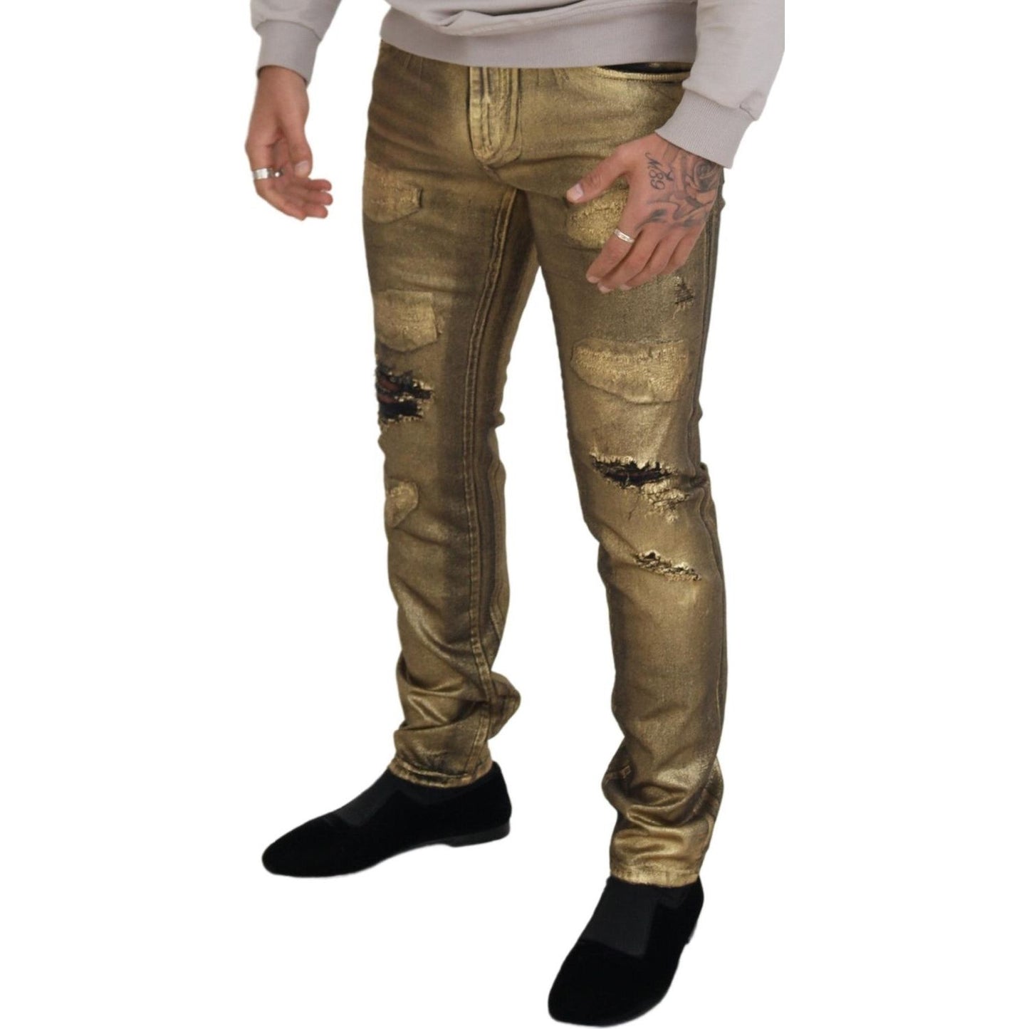 Dolce & Gabbana Gold Cotton Tattered Skinny Men Denim Jeans