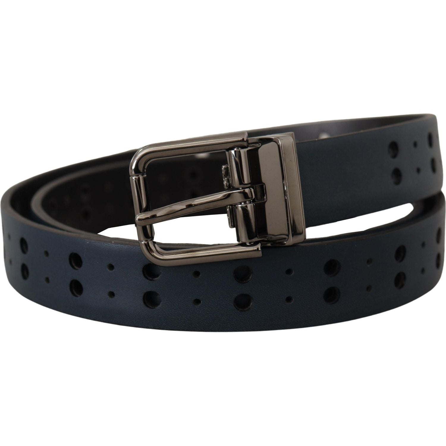 Dolce & Gabbana Blue Perforated Skinny Leather Metal Buckle Belt