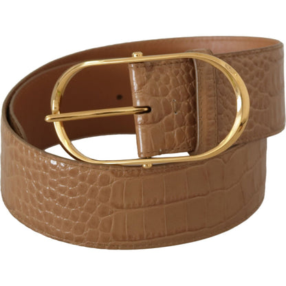 Dolce & Gabbana Brown Beige Leather Gold Metal Oval Buckle Belt