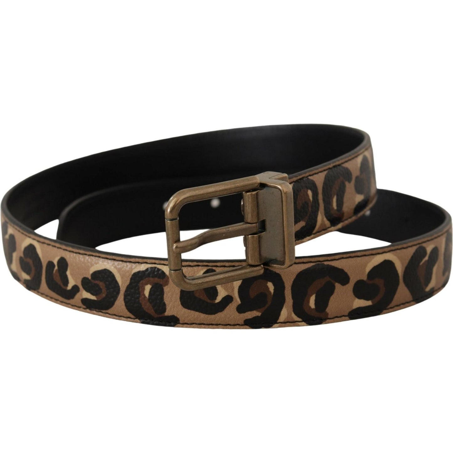 Dolce & Gabbana Brown Leather Leopard Print Bronze Metal Buckle Belt
