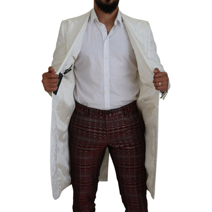 Dolce & Gabbana White Floral Brocade Trench Coat Jacket