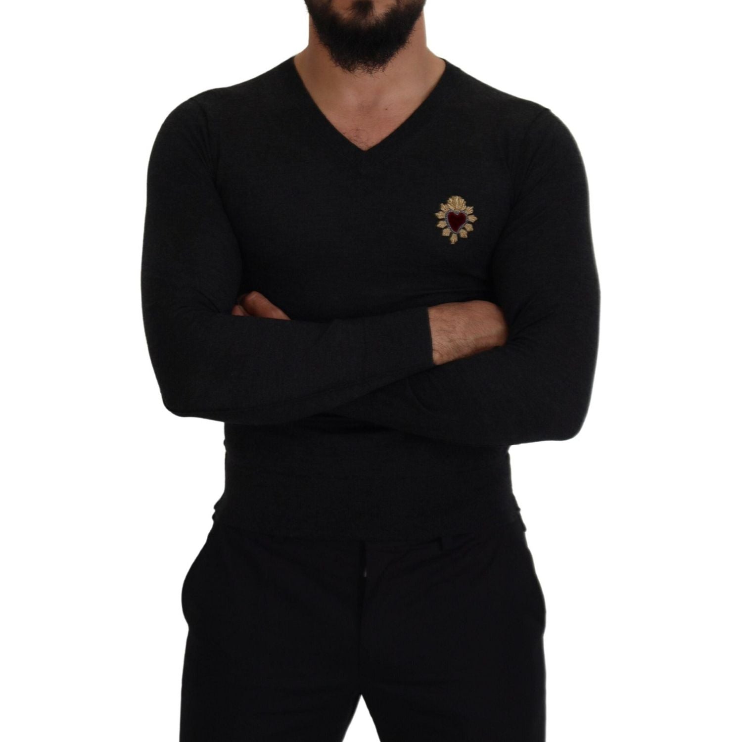 Dolce & Gabbana Gray Cashmere V-neck Gold Heart Sweater