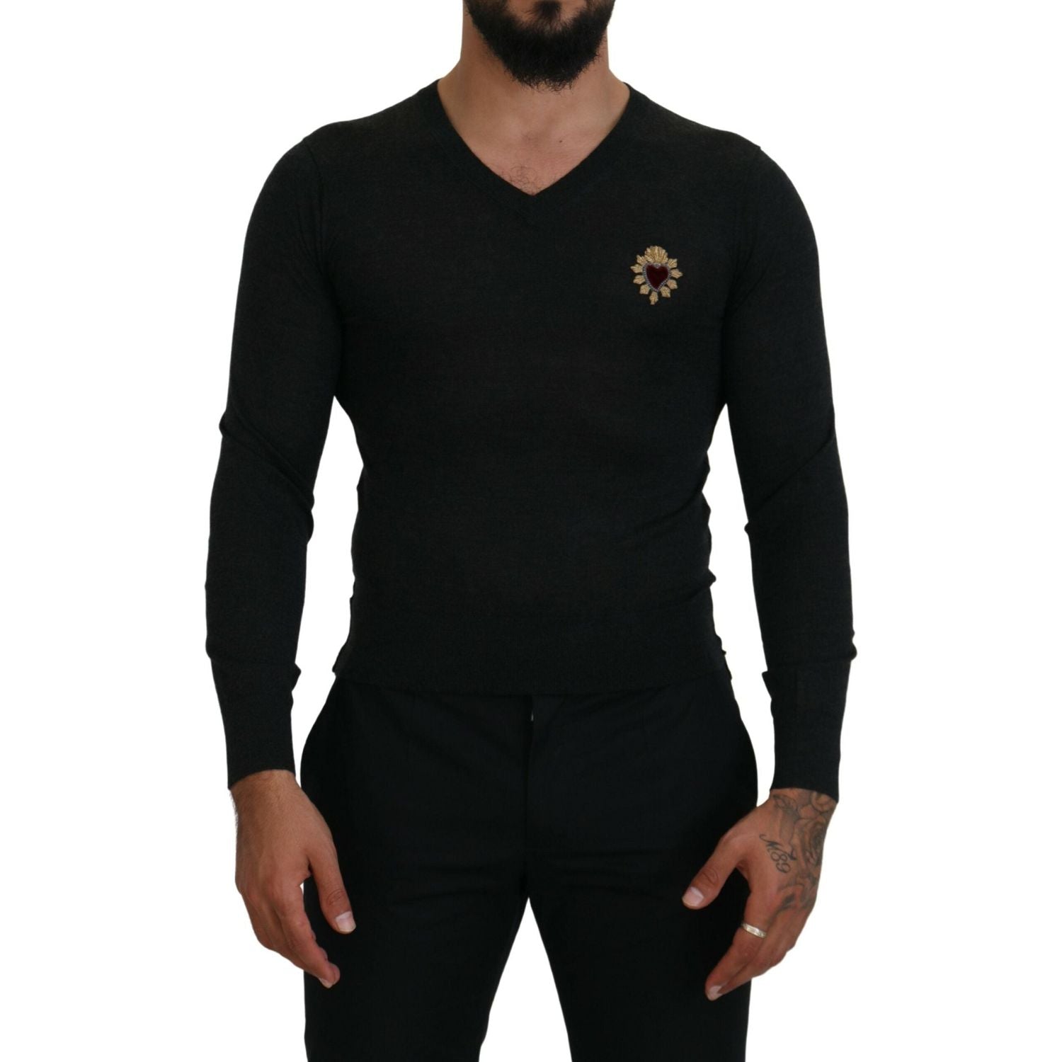 Dolce & Gabbana Gray Cashmere V-neck Gold Heart Sweater