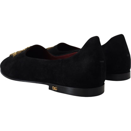 Dolce & Gabbana Black Suede Gold Cross Slip On Loafers Shoes