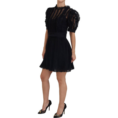 Dolce & Gabbana Black Lace Trim A-line Mini Nylon Dress