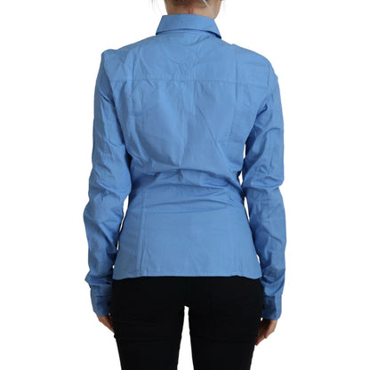 Ferre Blue Cotton Long Sleeves Collared Button Down Top