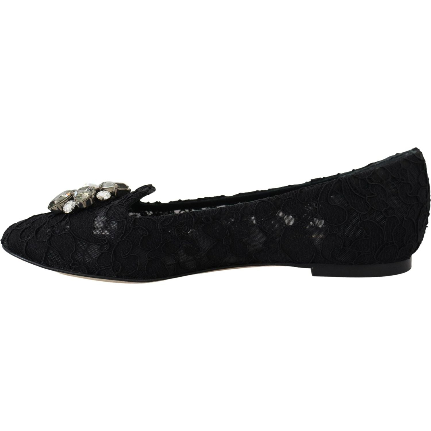 Dolce & Gabbana Black Taormina Lace Crystals Flats Shoes