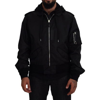 Dolce & Gabbana Black Nylon Hooded Full Zip Men Coat Jacket