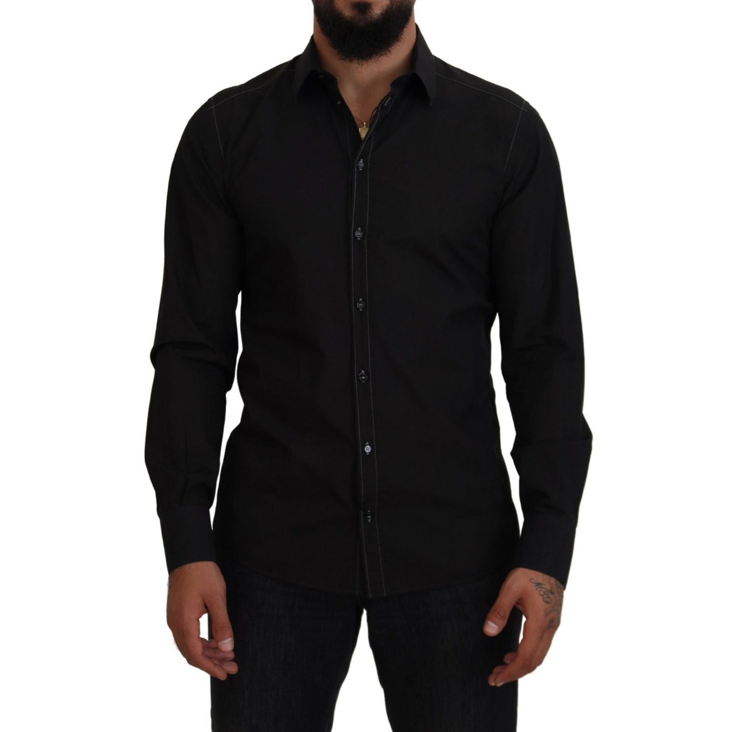 Dolce & Gabbana Black Cotton Collared Long Sleeve GOLD Shirt