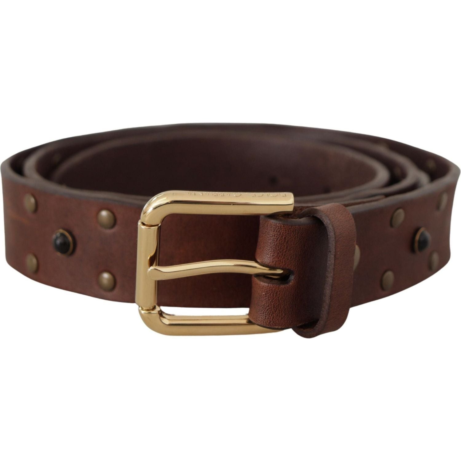 Dolce & Gabbana Brown Leather Studded Gold Tone Metal Buckle Belt
