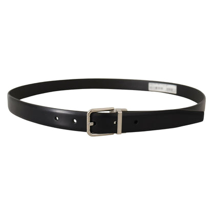 Dolce & Gabbana Black Calf Leather Silver Metal Logo Buckle Belt