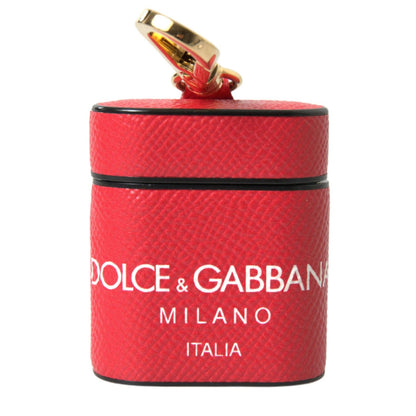 Dolce & Gabbana Red Leather Gold Tone Metal Logo Print Strap Airpods Case