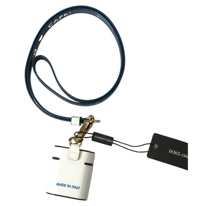 Dolce & Gabbana White Blue Calf Leather Logo Print Strap Airpods Case