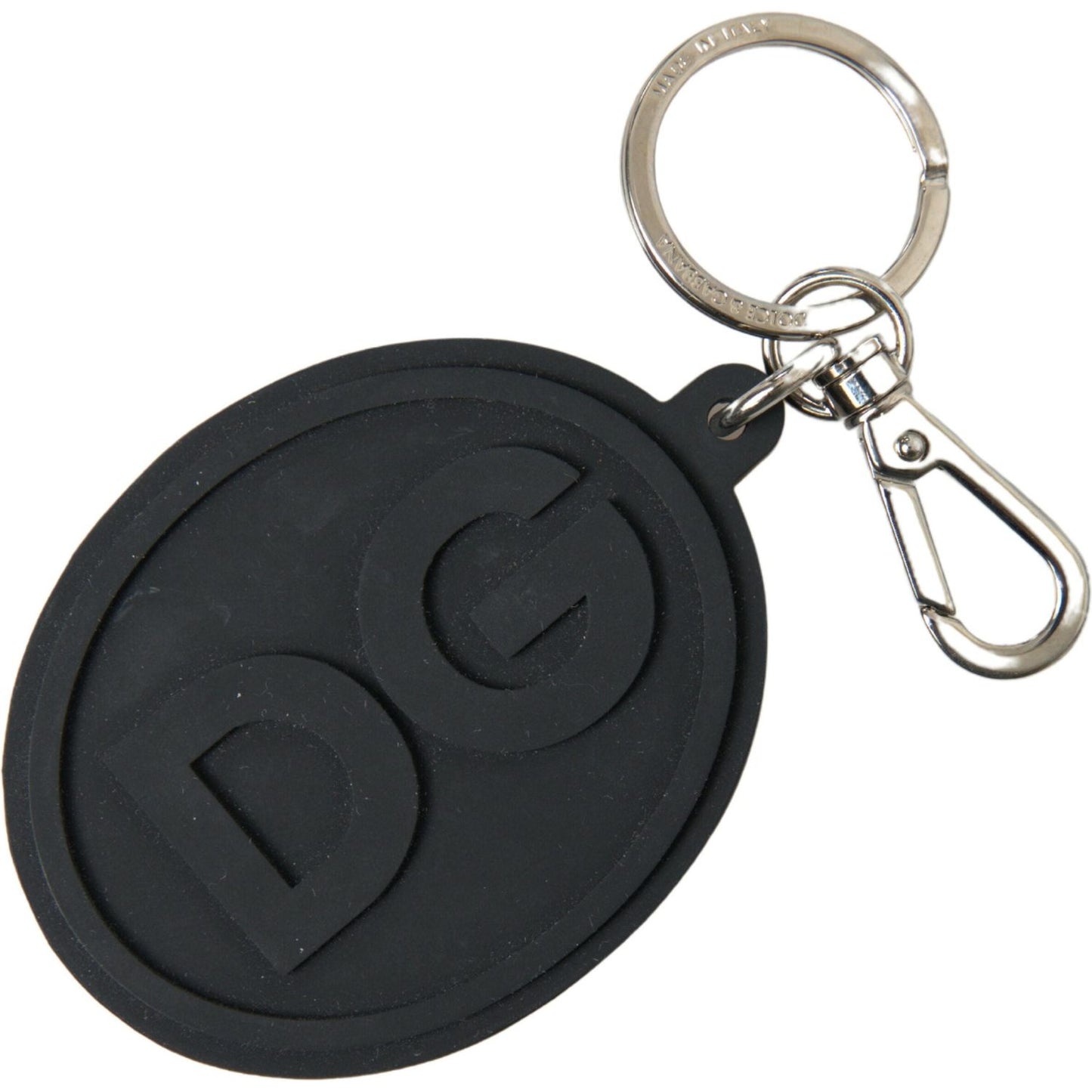 Dolce & Gabbana Black Rubber DG Logo Silver Brass Metal Keychain