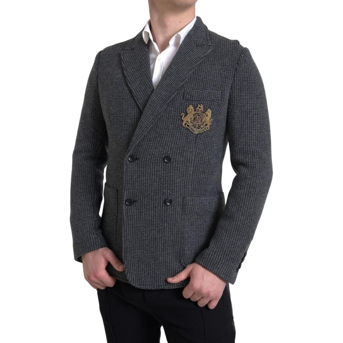 Dolce & Gabbana Gray Logo Embroidery Double Breasted Blazer
