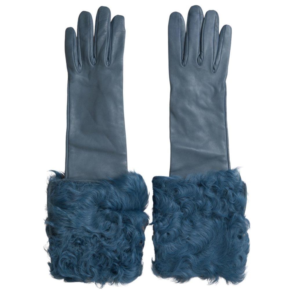 Dolce & Gabbana Blue Leather Fur Mid Arm Length Gloves