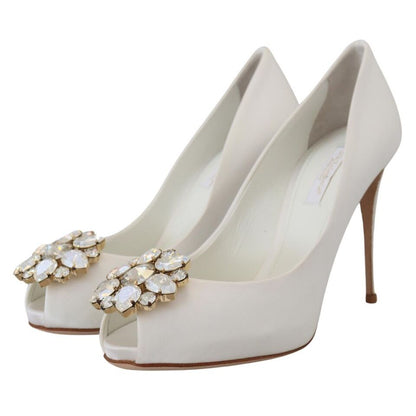 Dolce & Gabbana White Crystals Peep Toe Heel Satin Pumps