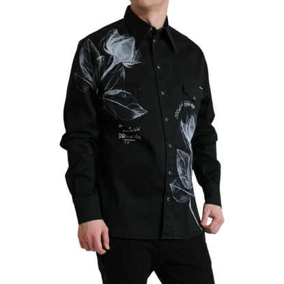 Dolce & Gabbana Black Floral Cotton Collared Dress Shirt