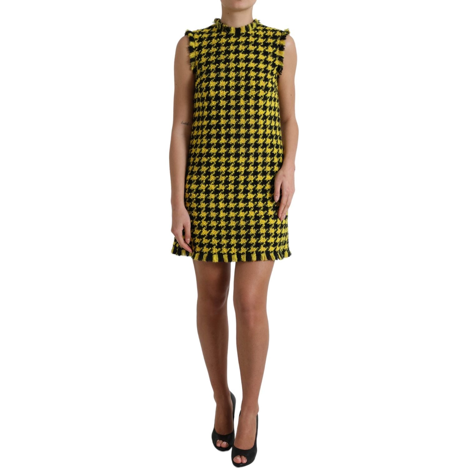 Dolce & Gabbana Yellow Houndstooth Sleeveless Aline Mini Dress