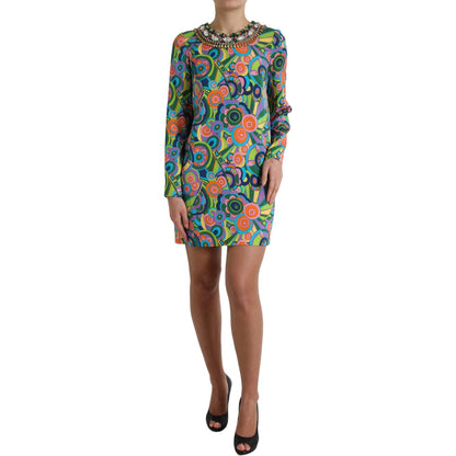Dolce & Gabbana Multicolor Geometric Print Silk Crystals Midi Dress