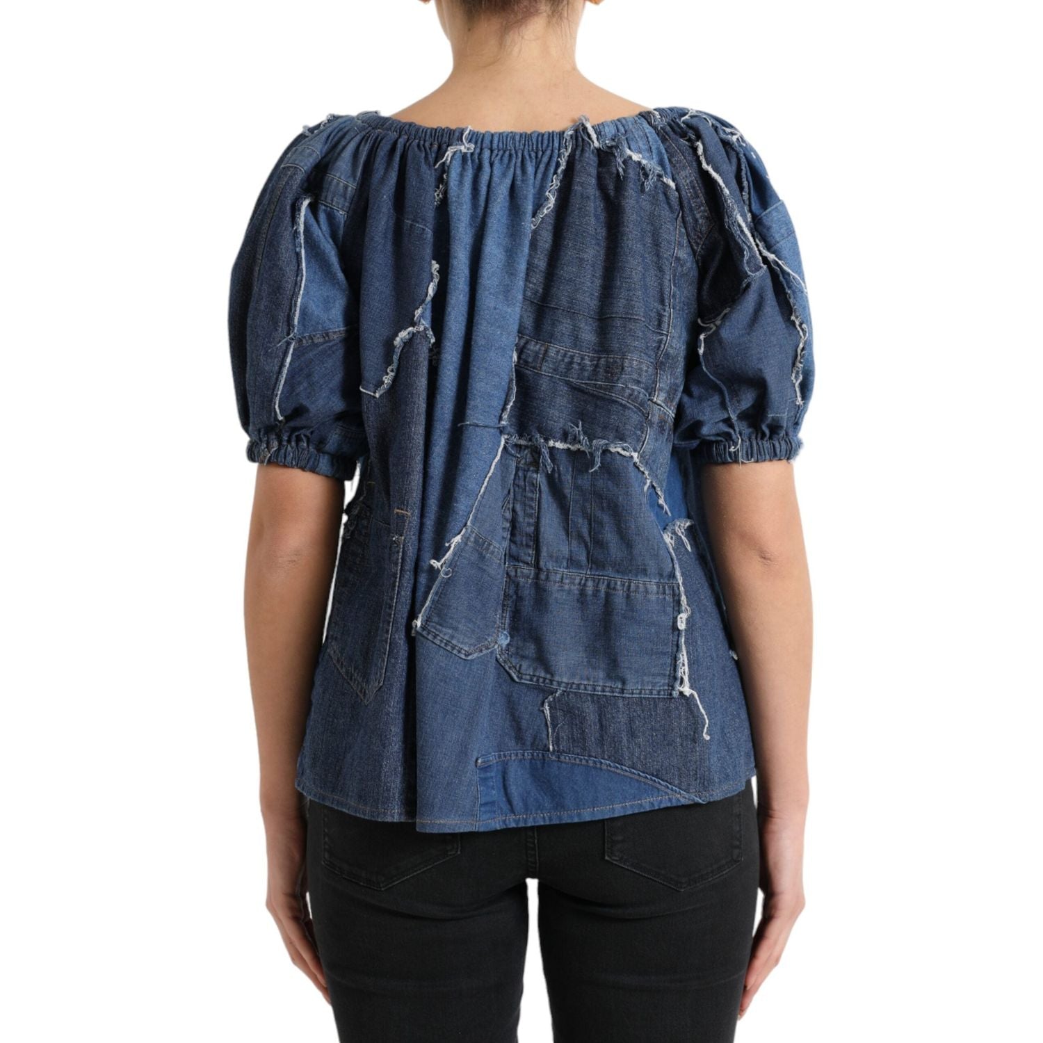 Dolce & Gabbana Blue Patchwork Short Sleeves Denim Blouse Top