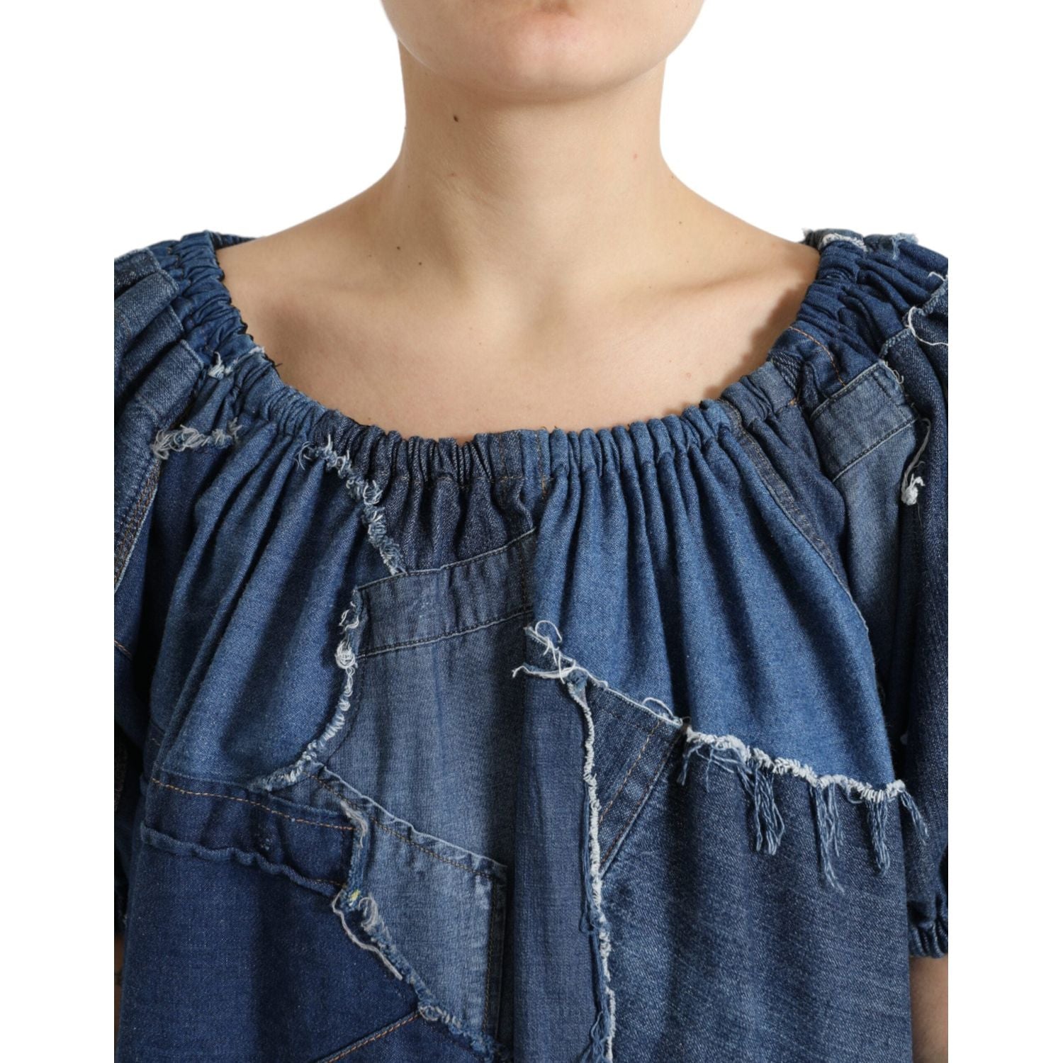 Dolce & Gabbana Blue Patchwork Short Sleeves Denim Blouse Top