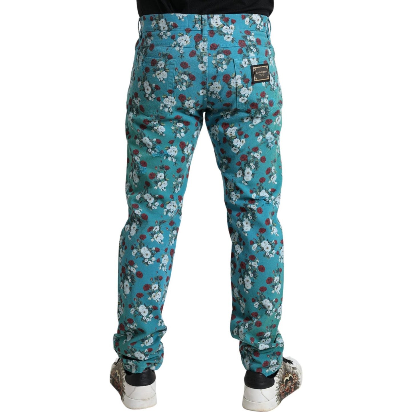 Dolce & Gabbana Blue Floral Print Skinny Cotton Denim Pants